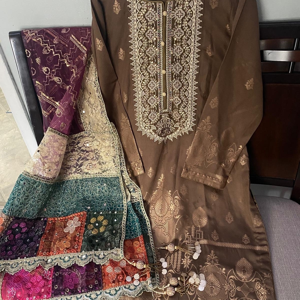 Brown Embroidered Dress with Multicolor Dupatta